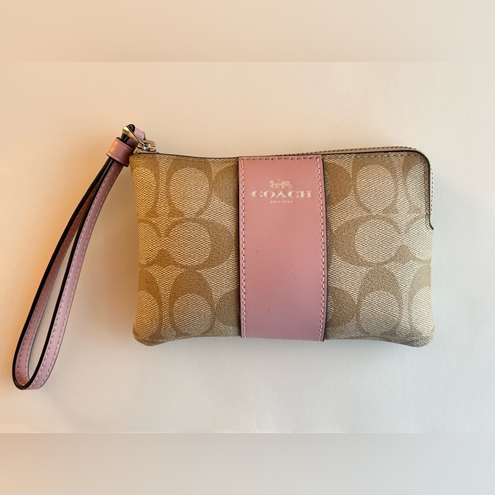 Coach Signature Canvas Pink Leather Wristlet - Silver Logo